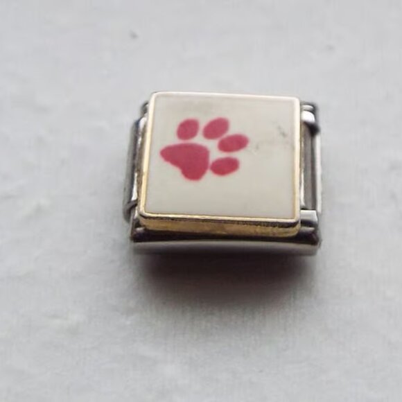 Paw print on white enamel 9mm stainless steel italian charm bracelet link new - Picture 1 of 2